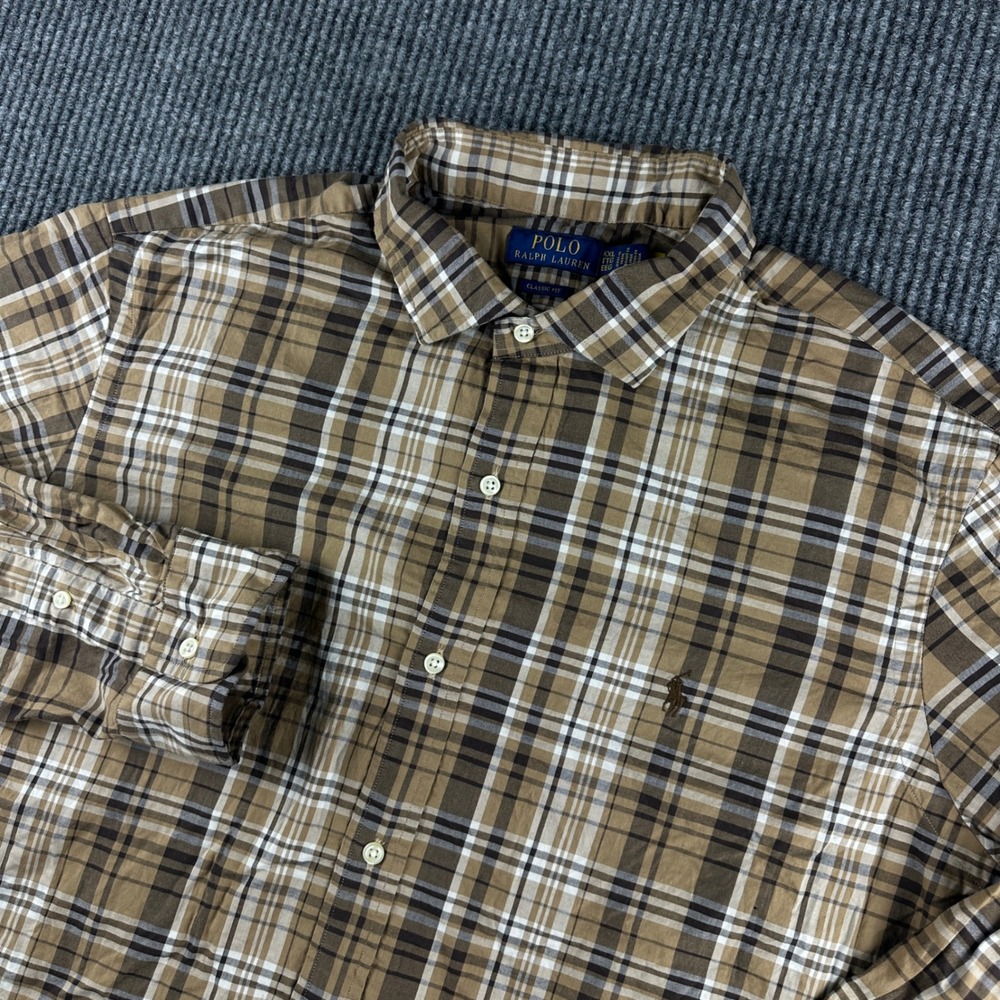 Polo Ralph Lauren Mens XXL Classic Fit Plaid‎ Button Down Shirt Brown Tan 2399